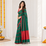 Green Garnet Linen Cotton Saree with Small Lining and Contrast Pallu