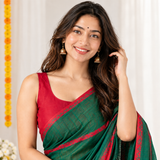 Green Garnet Linen Cotton Saree with Small Lining and Contrast Pallu
