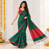 Green Garnet Linen Cotton Saree with Small Lining and Contrast Pallu