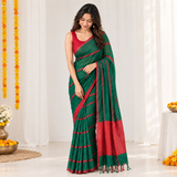 Green Garnet Linen Cotton Saree with Small Lining and Contrast Pallu