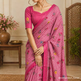 Petal Rose Handloom Linen Cotton Saree with Printed Flower Motifs & Matching Blouse Piece