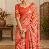 Sunset Orange Linen Cotton Saree with Digital Printed Flower Motifs & Matching Blouse