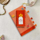 Sunset Orange Linen Cotton Saree with Digital Printed Flower Motifs & Matching Blouse