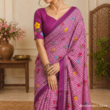 Berry Purple Linen Cotton Saree with Digital Printed Flower Motifs & Matching Blouse
