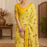 Lemon Yellow Linen Cotton Saree with Digital Printed Floral Motifs & Matching Blouse