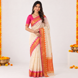 Pearl Cream Lichi Soft Silk Saree with Orange Pink Zari Border