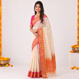 Pearl Cream Lichi Soft Silk Saree with Orange Pink Zari Border