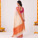 Pearl Cream Lichi Soft Silk Saree with Orange Pink Zari Border