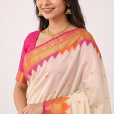 Pearl Cream Lichi Soft Silk Saree with Orange Pink Zari Border