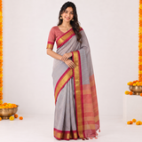 Ocean Peach Handloom Cotton Silk Saree with Contrast Blouse