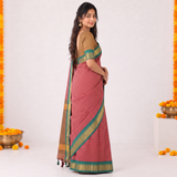 Fuchsia Mist Checked Handloom Cotton Silk Saree with Golden Border