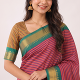 Fuchsia Mist Checked Handloom Cotton Silk Saree with Golden Border