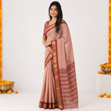 Blush Coral Checked Handloom Cotton Silk Saree with Maroon Border