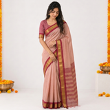 Blush Coral Checked Handloom Cotton Silk Saree with Maroon Border