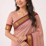 Blush Coral Checked Handloom Cotton Silk Saree with Maroon Border