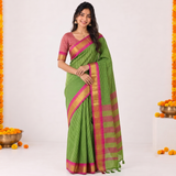 Electric Lime Handloom Cotton Silk Saree with Pink Gold Border