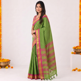 Electric Lime Handloom Cotton Silk Saree with Pink Gold Border