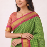 Electric Lime Handloom Cotton Silk Saree with Pink Gold Border