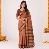 Copper Glow Handloom Cotton Silk Saree with Maroon Border and Contrast Blouse