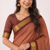 Copper Glow Handloom Cotton Silk Saree with Maroon Border and Contrast Blouse