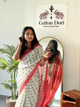 Elegant Red Cross Print Digital Printed Linen Cotton Saree