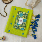 Handloom Lime Cotton Saree with Blue Heart Motif & Designer Tassels