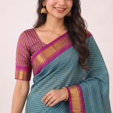 Caribbean Blue Handloom Cotton Silk Saree with Contrast Pallu