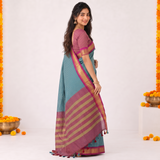 Caribbean Blue Handloom Cotton Silk Saree with Contrast Pallu