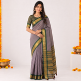 Lilac Blue Handloom Saree with Striped Pallu and Blouse Piece