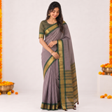 Lilac Blue Handloom Saree with Striped Pallu and Blouse Piece