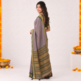 Lilac Blue Handloom Saree with Striped Pallu and Blouse Piece