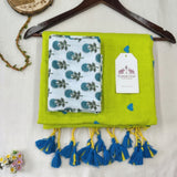 Trendy Lime Green Saree with Heart Embroidery and Printed Floral Blouse Piece