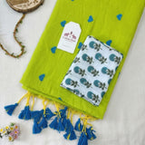 Trendy Lime Green Saree with Heart Embroidery and Printed Floral Blouse Piece