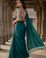 Rama green cotton handloom saree with flower printed blouse