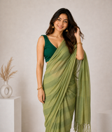Olive Sage Linen Cotton Digital Printed Saree with Forest Green Blouse