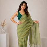 Olive Sage Linen Cotton Digital Printed Saree with Forest Green Blouse