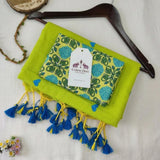 Handloom Lime Cotton Saree with Blue Heart Motif & Designer Tassels