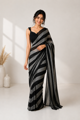 Charcoal Black Linen Cotton Digital Printed Saree with Elegant Contrast Blouse