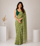 Olive Sage Linen Cotton Digital Printed Saree with Forest Green Blouse