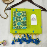 Handloom Lime Cotton Saree with Blue Heart Motif & Designer Tassels