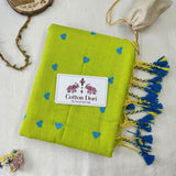 Handloom Lime Cotton Saree with Blue Heart Motif & Designer Tassels