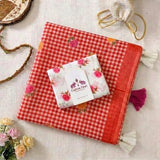 Classic Orange Linen Cotton Checks Saree with Floral Highlights & White Floral Blouse