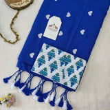 Cobalt Blue Ethnic Saree Featuring a Floral Printed Blouse Piece