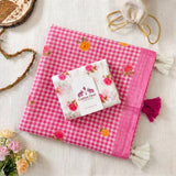 Chic Pink Linen Cotton Checks Saree with Soft Rose Prints & White Floral Blouse