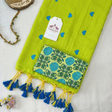 Handloom Lime Cotton Saree with Blue Heart Motif & Designer Tassels