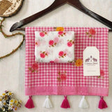 Chic Pink Linen Cotton Checks Saree with Soft Rose Prints & White Floral Blouse