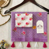 Royal Lavender Linen Cotton Checks Saree with Delicate Rose Prints & White Floral Blouse