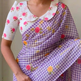 Royal Lavender Linen Cotton Checks Saree with Delicate Rose Prints & White Floral Blouse
