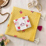 Bright Yellow Linen Cotton Checks Saree with Floral Motifs & White Floral Blouse