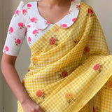 Bright Yellow Linen Cotton Checks Saree with Floral Motifs & White Floral Blouse